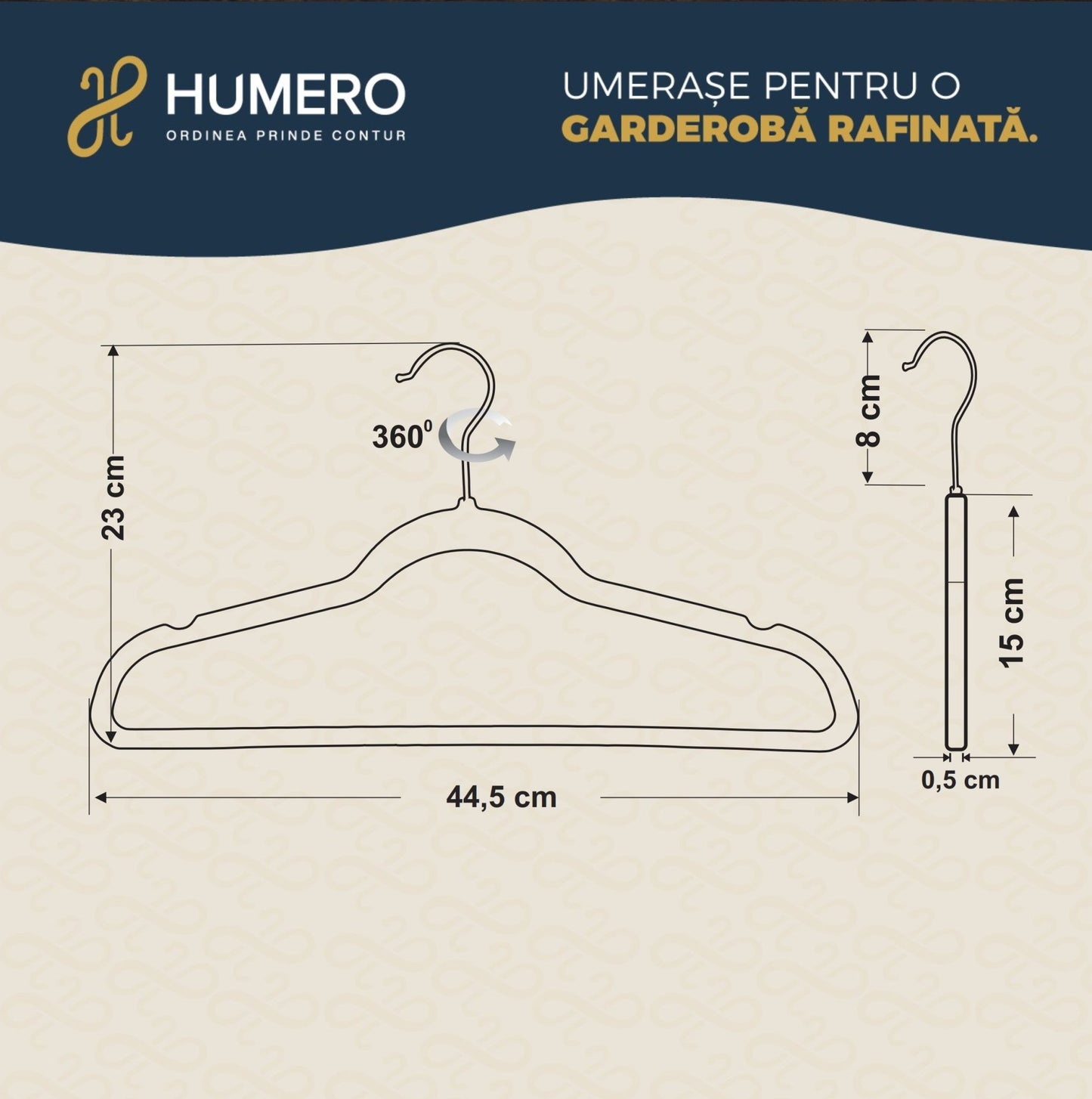 Umeraș antialunecare acoperit cu catifea ivoir, bară pentru pantaloni - ideal pentru rochii, fuste, pantaloni, bluze și tricouri - HUMERO