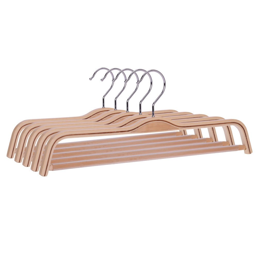 Umeraș compact din lemn natur cu bară pentru pantaloni - ideal pentru fuste și pantaloni - HUMERO