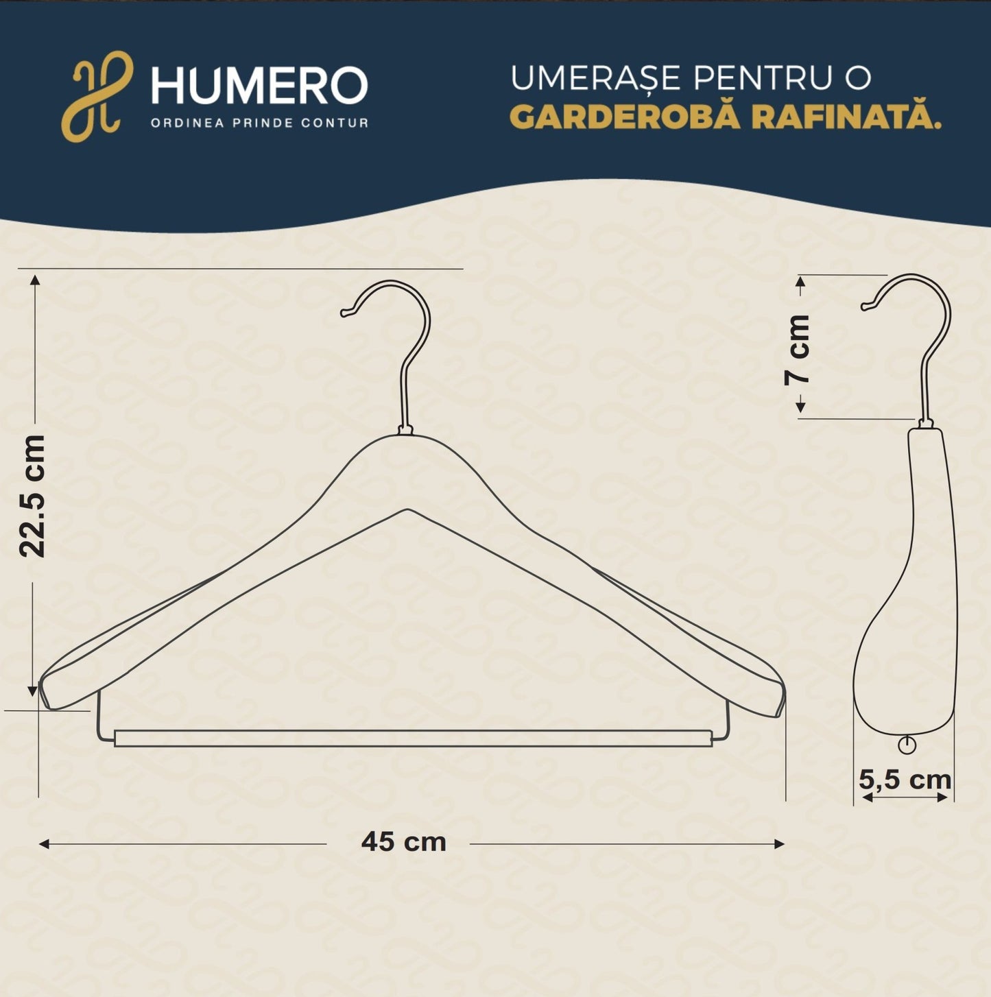 Umeraș de lux din lemn de fag cu umeri lați, bară pentru pantaloni și design modern - ideal pentru costume, sacouri, cămăși, bluze, pantaloni și tricouri - HUMERO