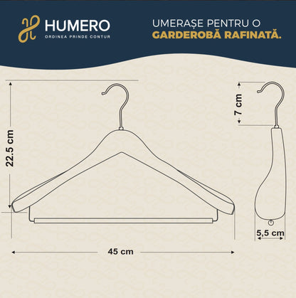 Umeraș de lux din lemn de fag cu umeri lați, bară pentru pantaloni și design modern - ideal pentru costume, sacouri, cămăși, bluze, pantaloni și tricouri - HUMERO