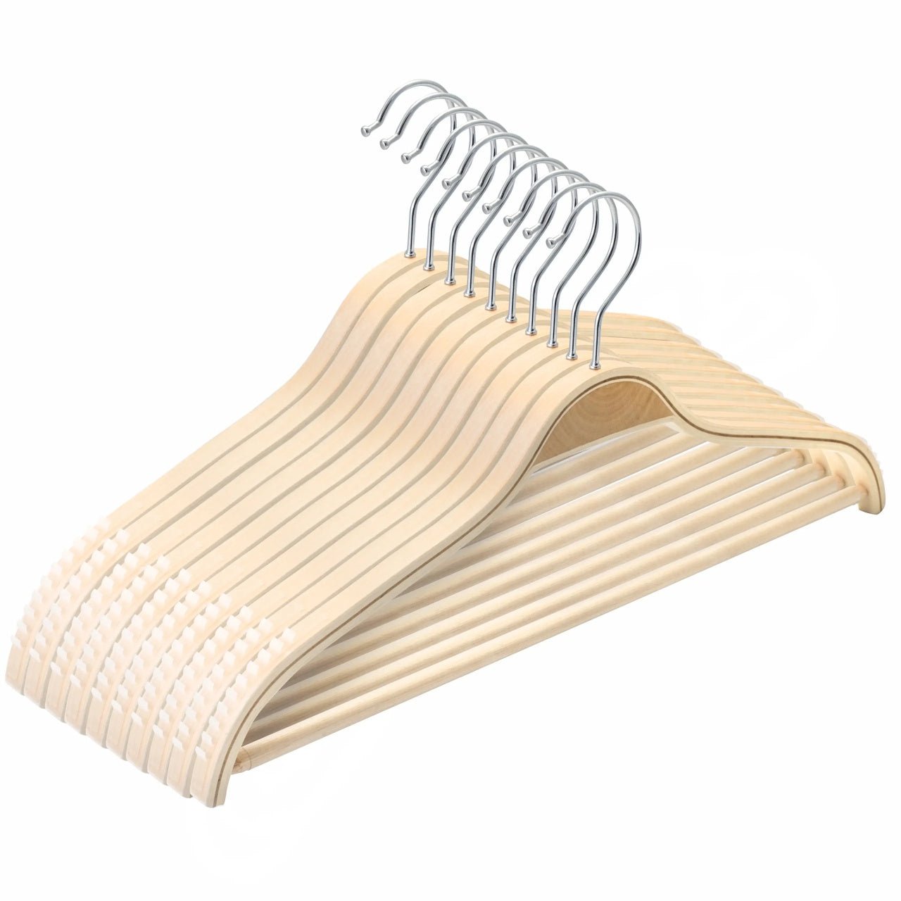 Umeraș din lemn natur cu margini din cauciuc anti - alunecare și bară pentru pantaloni - ideal pentru cămăși, bluze, pantaloni, tricouri și rochii - HUMERO