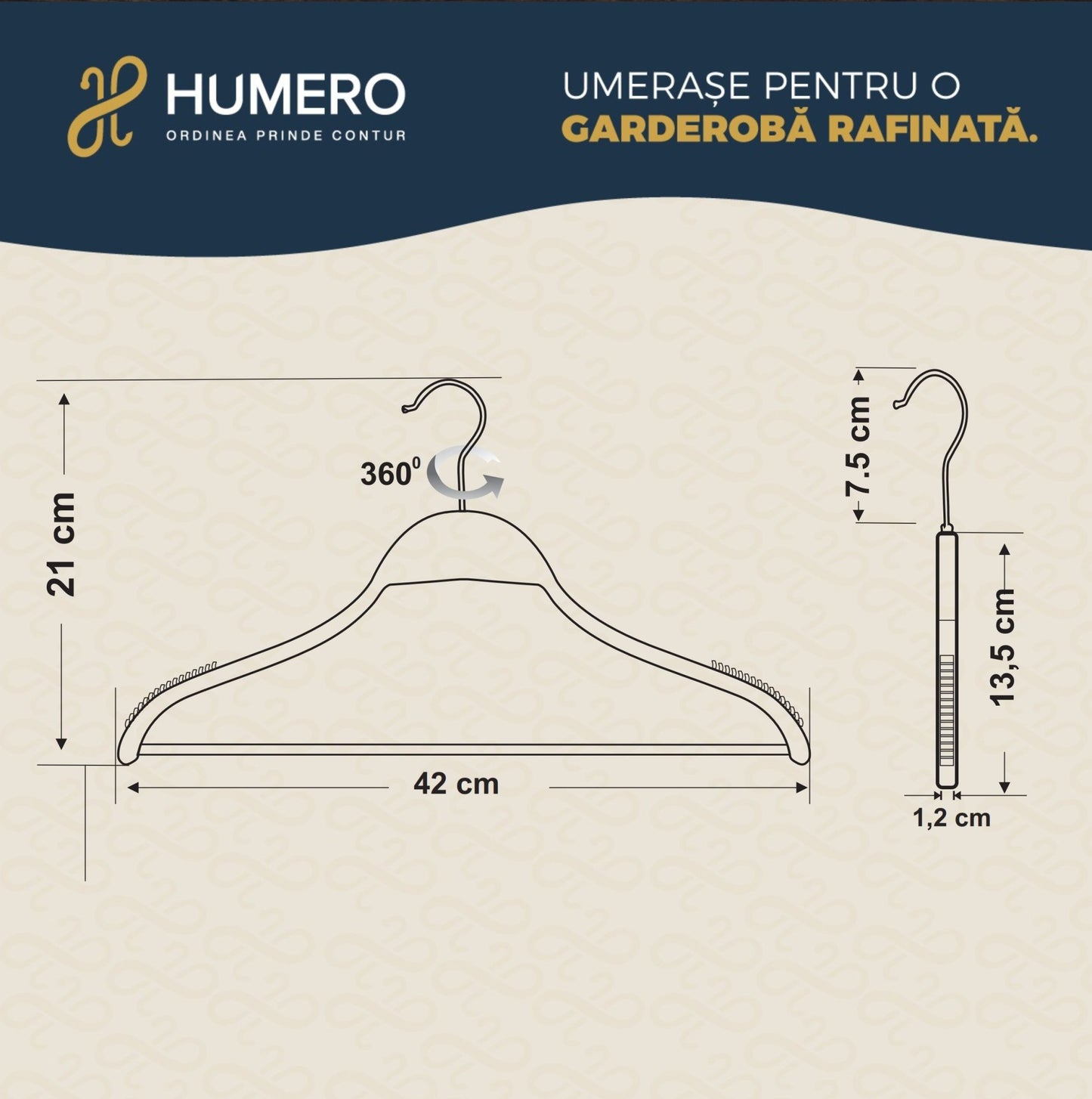 Umeraș din lemn natur cu margini din cauciuc anti - alunecare și bară pentru pantaloni - ideal pentru cămăși, bluze, pantaloni, tricouri și rochii - HUMERO