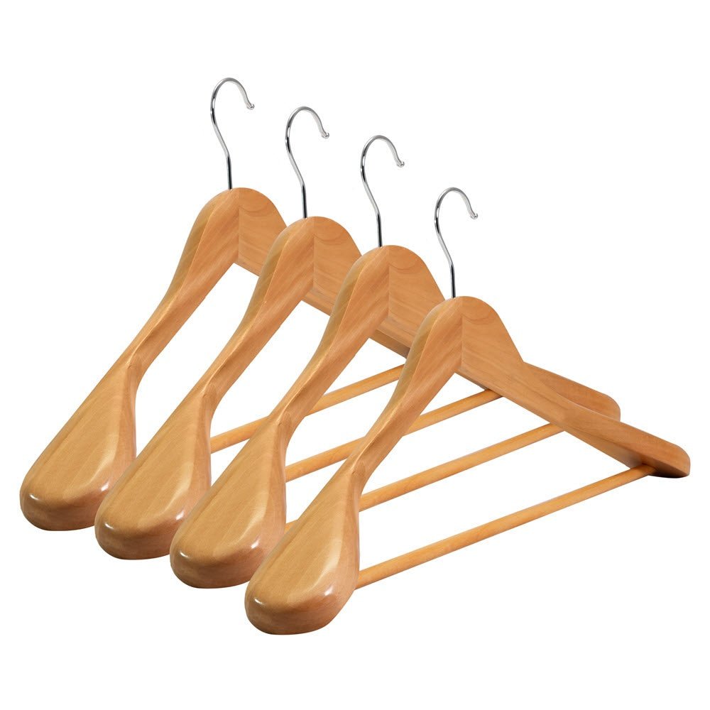 Umeraș din lemn natur cu umeri lați, bară pentru pantaloni și design modern - ideal pentru costume, sacouri, cămăși, bluze, pantaloni și tricouri - HUMERO