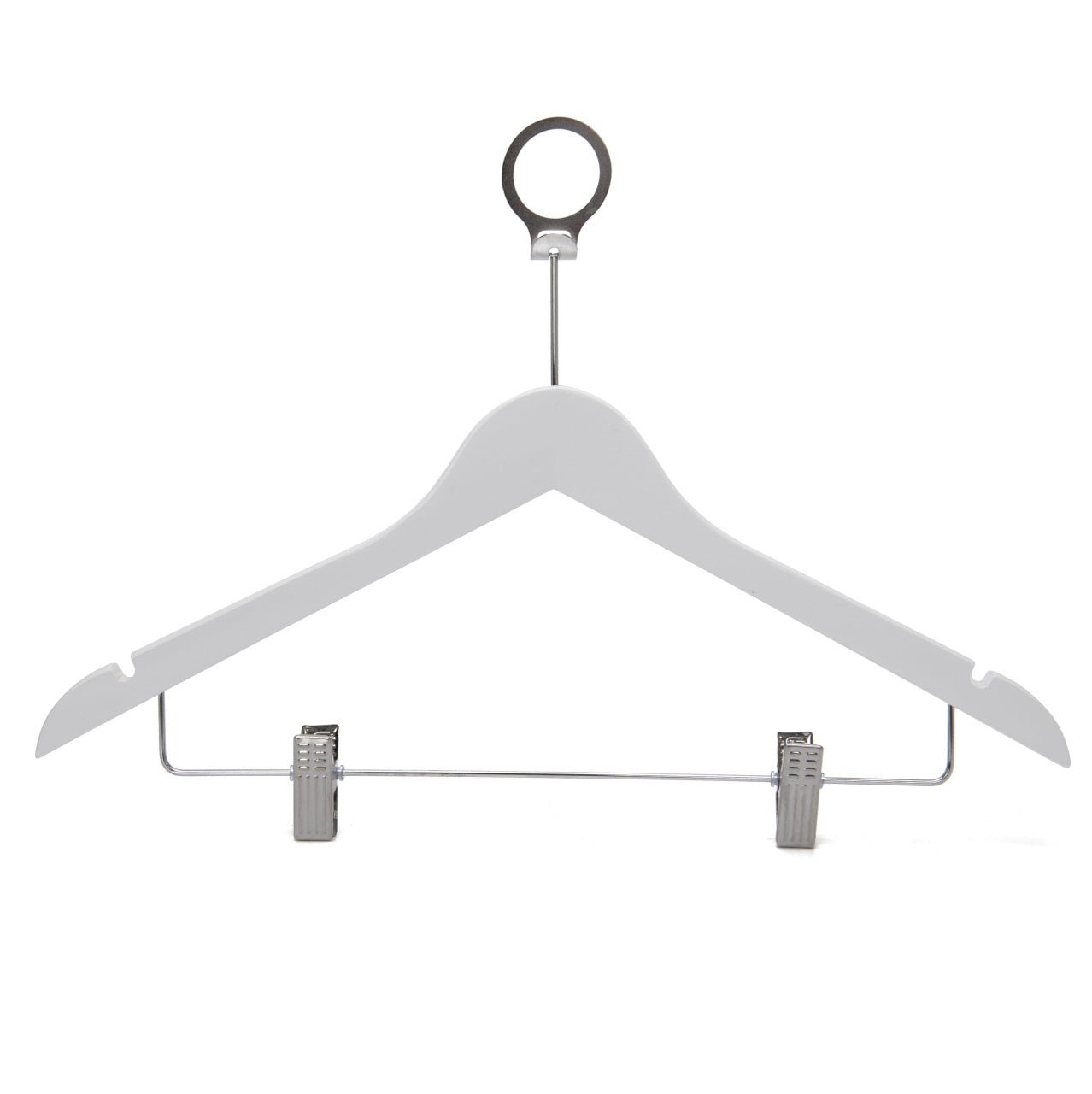 Umeraș hotelier din lemn alb cu cârlig antifurt și clipsuri metalice - ideal pentru cămăși, bluze, pantaloni, tricouri și rochii - HUMERO