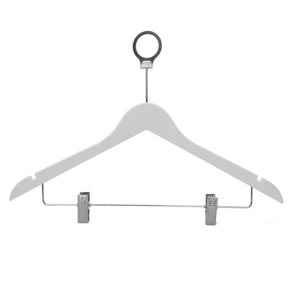 Umeraș hotelier din lemn alb cu cârlig antifurt și clipsuri metalice - ideal pentru cămăși, bluze, pantaloni, tricouri și rochii - HUMERO