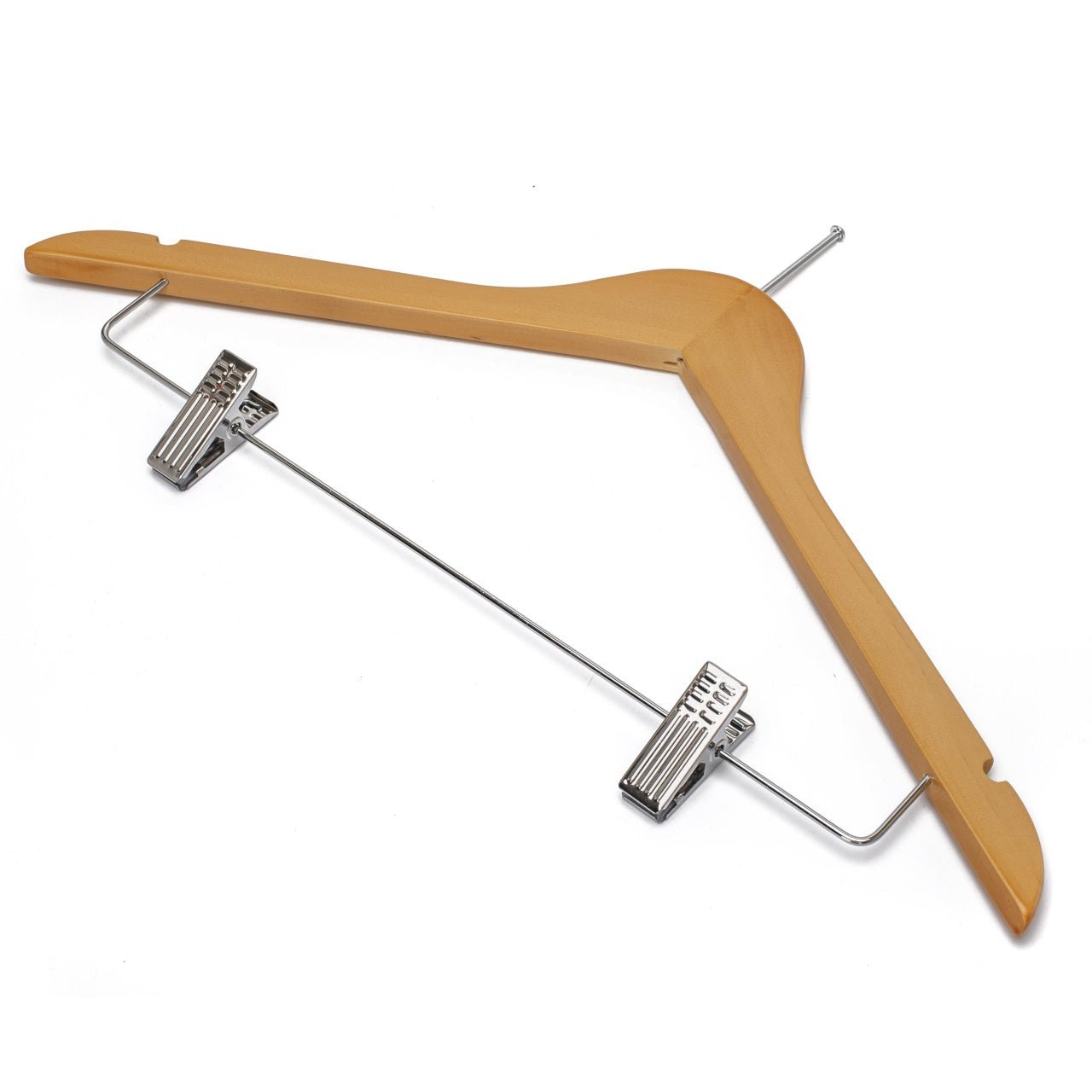 Umeraș hotelier din lemn natur cu cârlig antifurt și clipsuri metalice – ideal pentru cămăși, bluze, pantaloni, tricouri și rochii - HUMERO