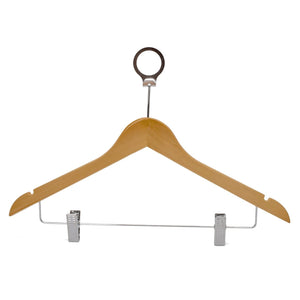 Umeraș hotelier din lemn natur cu cârlig antifurt și clipsuri metalice – ideal pentru cămăși, bluze, pantaloni, tricouri și rochii - HUMERO