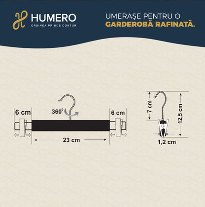 Umeraș lat pentru pantaloni din lemn alb cu clipsuri metalice - ideal pentru pantaloni și fuste - HUMERO