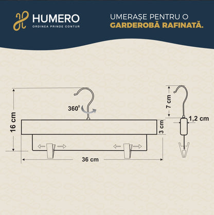 Umeraș pentru pantaloni din lemn natur cu clipsuri metalice - ideal pentru pantaloni și fuste - HUMERO